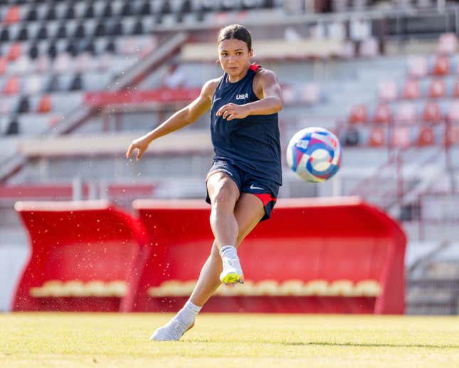 Sophia Smith takes a shot during Olympic soccer training at the practice fields in Marseille, France, on Saturday. 