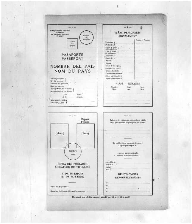 Model passport proposed by the League of Nations’ Advisory and Technical Committee for Communications and Transit in November 1925.