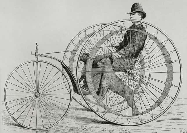 The Cynophere, a dog-powered velocipede, was invented by the French mechanic Narcisse Huret and patented on December 14, 1875.
