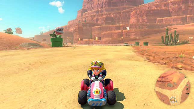 Princess Peach goes for a drive in the desert.