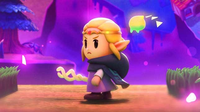 Zelda looking serious while standing in front of a purple void