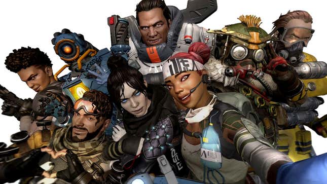 A bunch of Apex Legends characters pose together for a selfie.