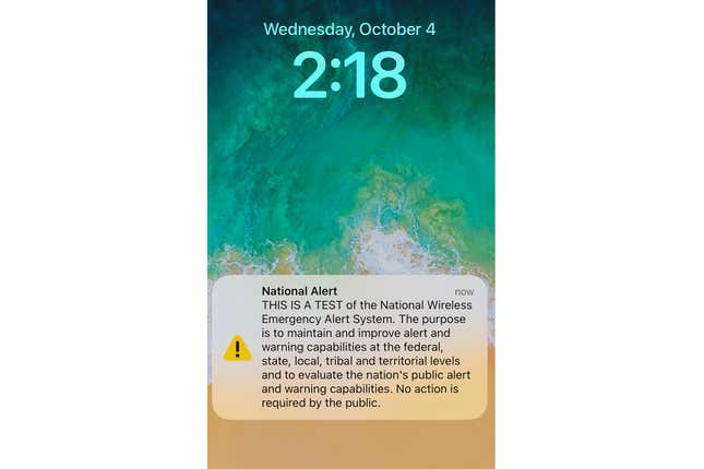 A National Alert test is seen on a cellphone, Wednesday, Oct. 4, 2023 in Washington. The U.S. government on Wednesday conducted its once-every-three-years nationwide test of the emergency alert system. The last nationwide test was Aug. 11, 2021. Besides cellphone messages, alerts also went out on radio and television. (AP Photo/Wayne Partlow)