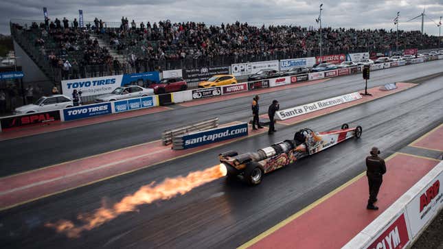 A jet-powered drag racer at an event in the UK. 