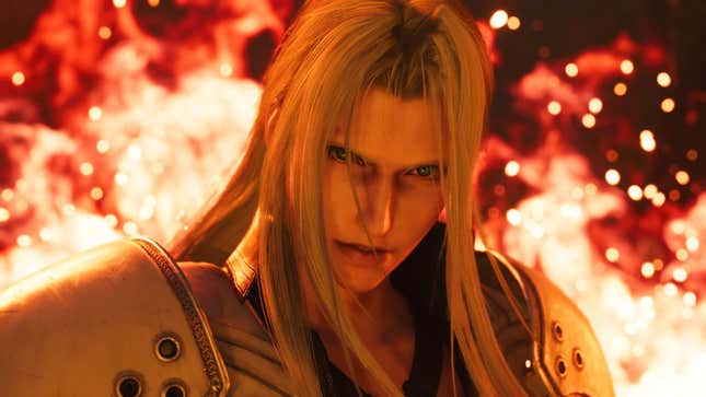Sephiroth stares knowingly amid a field of flame. 