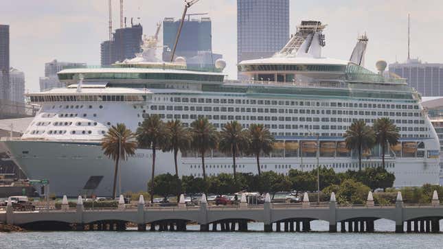 Explorer of the Seas, a Royal Caribbean cruise ship, is docked at PortMiami as the cruise line industry waits to begin operations again on May 26, 2021 in Miami, Florida. In late June, the Royal Caribbean cruise line will be allowed to operate test cruises out of South Florida after receiving approval from the U.S. Centers for Disease Control and Prevention. The test cruises will show whether ships can sail safely and follow CDC guidelines to prevent the spread of COVID-19.