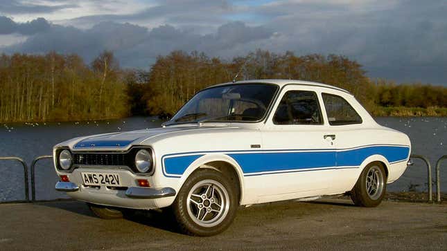 A photo of a blue and white Ford Escort RS2000 Mk1. 