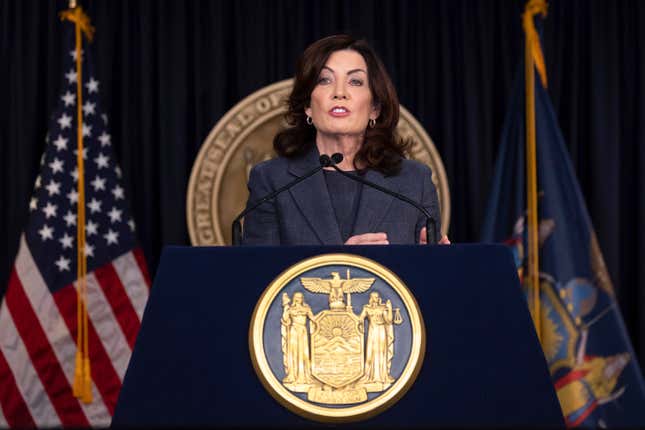 FILE - New York Governor Kathy Hochul addresses the media during a press conference, March. 13, 2023, in New York. Hochul has again vetoed legislation Friday, Dec. 29, that would have changed the state’s existing wrongful death statute by enabling families to recover damages for emotional suffering from the death of a loved one. (AP Photo/Yuki Iwamura, File )