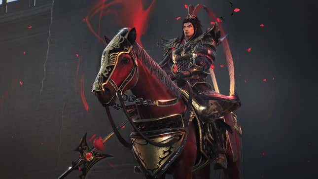 The infamous Lu Bu rides a horse wearing heavy armor.