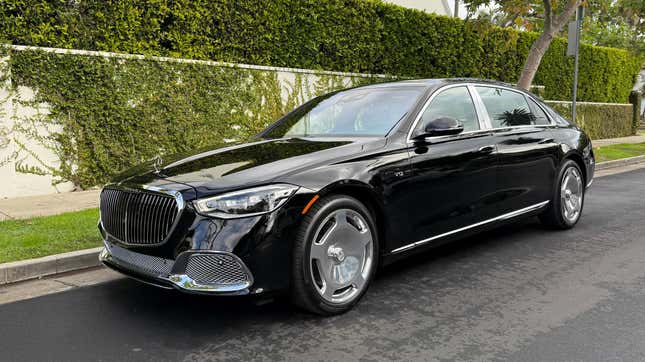 Front 3/4 view of a black Mercedes-Maybach S680