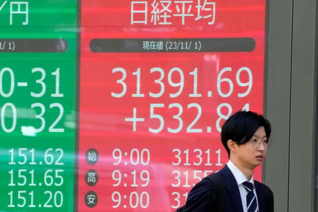 A pedestrian passes an electronic stock board showing Japan&#39;s Nikkei 225 index, seen in red, at a securities firm Wednesday, Nov. 1, 2023 in Tokyo. Asian shares were mostly higher Wednesday after Wall Street advanced to claim back some of the ground it gave up in another losing month. (AP Photo/Shuji Kajiyama)