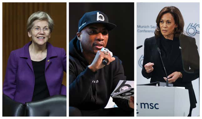 L-R; Senator Elizabeth Warren, Charlamagne tha God, Vice President Kamala Harris