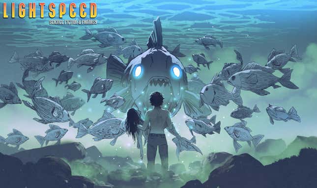 Man holding an injured mermaid stands on the bottom of the sea floor facing off with an enormous fish with glowing eyes and a mouth full of viscously sharp teeth.