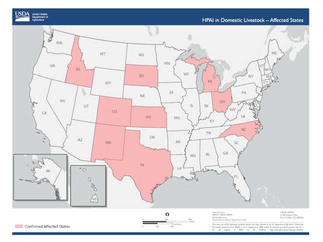 States where dairy cows are infected with H5N1, according to the latest USDA data.