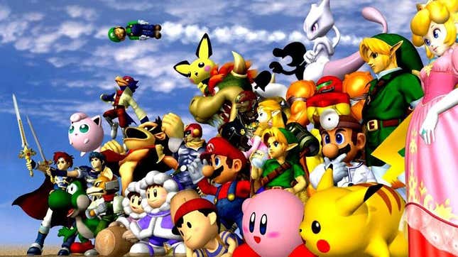 Smash Bros. Melee's fighters stand in a line with blue skies and clouds behind them waiting to see what Nintendo will do next. 