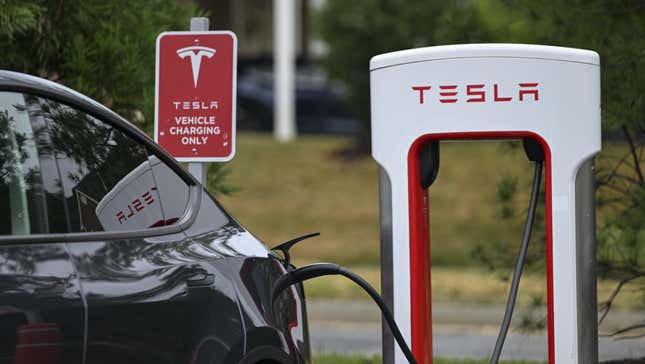 Tesla logo is seen on a charger station in Washington D.C., United States on June 21, 2023.