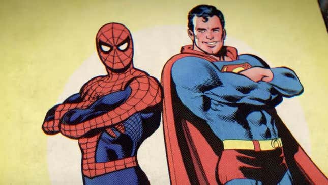 In a comic book-style illustration, Spider-Man and Superman stand back to back.
