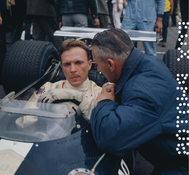 American racing driver Dan Gurney (1931 - 2018, in car) takes part in the British Grand Prix at Brands Hatch, UK, 20th July 1968.