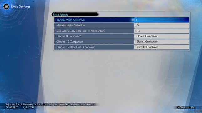 Ein Screenshot des Menüs von Final Fantasy VII Rebirth zeigt zusätzliche Einstellungen.