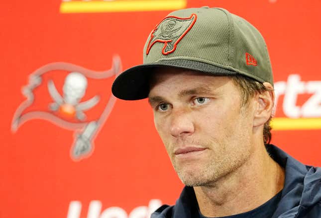 Tampa Bay Buccaneers quarterback Tom Brady (12) talks to the media after his teams 21-3 loss to the Carolina Panthers after an NFL football game Sunday, Oct. 23, 2022, in Charlotte, N.C.