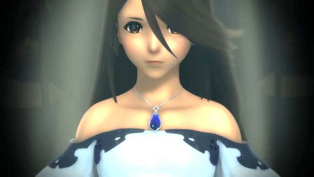 A princess-type character stands in front of the camera while wearing a large jewel necklace.