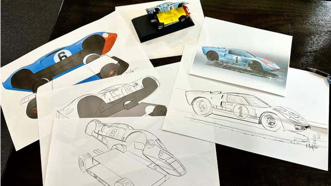 A photo showing sketches for a Ford GT40 track.