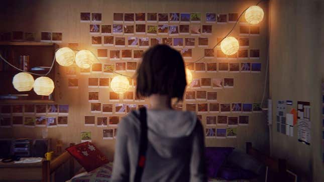 A young woman stands in front of a wall of polaroids