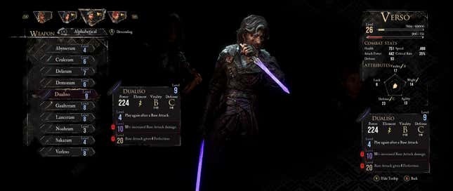 The weapon selection screen shows Verso's weapons.