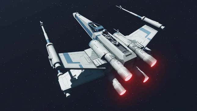 A screenshot shows an X-Wing ship as it appears in Starfield via mods. 