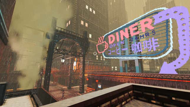 A screenshot of Shadows of Doubt shows a rainy city and a large diner sign.