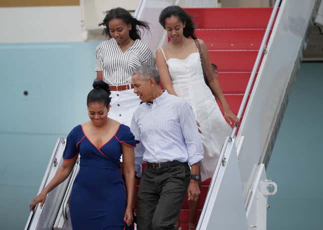 BOURNE, MA - AUGUST 6: President Barack Obama, First Lady Michelle Obama, and their daughters, Sasha (back left) and Malia, step off Air Force One at Joint Base Cape Cod to take Marine One to Martha’s Vineyard for a vacation, Aug. 6, 2016. It is Obama’s seventh time vacationing on the island as president. 
