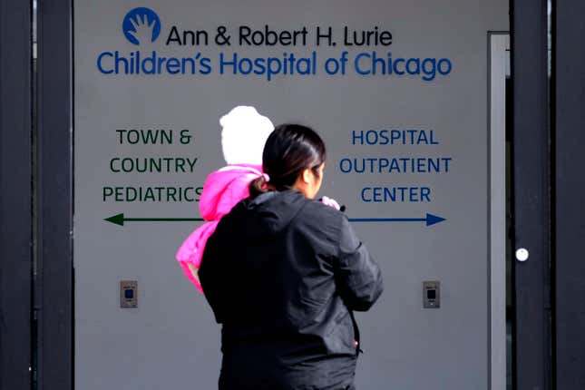 FILE - Lurie Children&#39;s Hospital sign is seen at the hospital as patients walk in, Feb. 5, 2024, in Skokie, Ill. A cyberattack on a renowned children’s hospital in Chicago has left some parents scrambling. They&#39;ve had to reschedule surgeries on babies or scramble to get prescriptions filled for their sick kids. Experts warn this is just the start of a growing trend of foreign criminals attacking U.S. hospitals for hefty ransoms. (AP Photo/Nam Y. Huh, File)