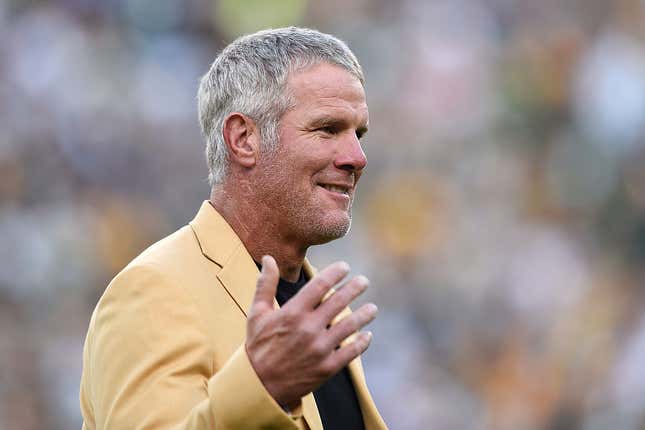 Former NFL quarterback Brett Farve is inducted into the Ring of Honor during a halftime ceremony during the game between the Green Bay Packers and the Dallas Cowboys at Lambeau Field on October 16, 2016, in Green Bay, Wisconsin.