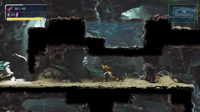 Samus runs to the left through an earthy interior with plant life in the background and a pool of water above.