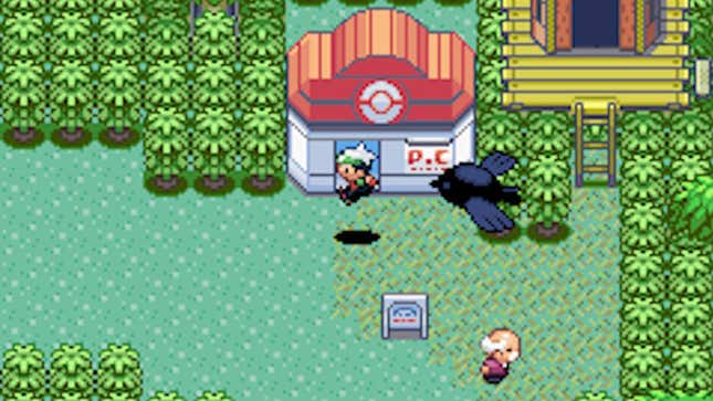 Our hero runs from a Rookidee (I think) outside a Pokémon Center.