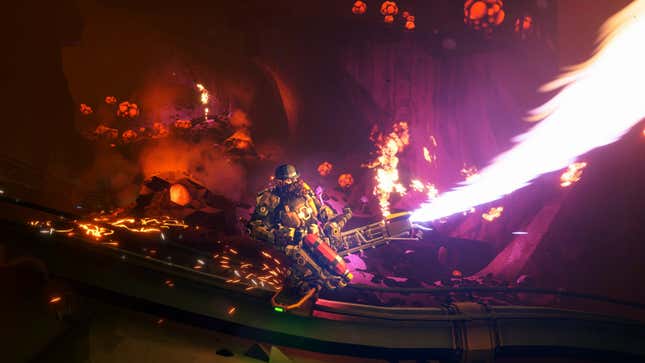 A Deep Rock Galactic miner sets alien bugs ablaze with a flamethrower. 