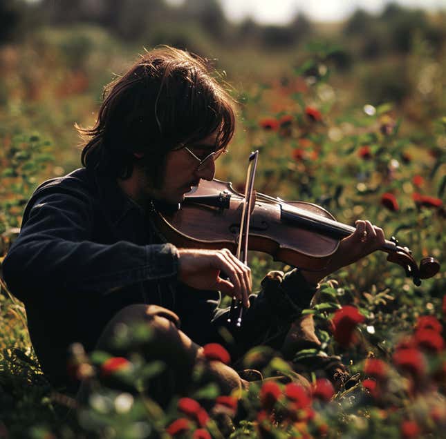 صورة تم إنشاؤها بواسطة الذكاء الاصطناعي لجون لينون وهو يعزف على الكمان في حقل الفراولة.