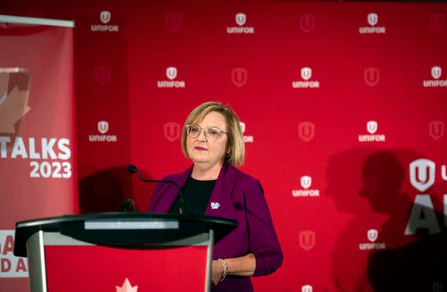 FILE - Lana Payne, Unifor national president speaks during a news conference, Aug. 29, 2023, in Toronto. Unifor, which represents about 4,300 workers at three General Motors facilities in Canada, said Monday, Sept. 25, 2023, that it reached a strong deal with Ford and now will try to negotiate a pattern agreement with GM. (Tijana Martin/The Canadian Press via AP, File)