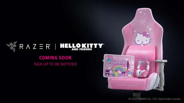 Pictured is a pink Hello Kitty chair with other Kitty-chan branded gaming gear. 