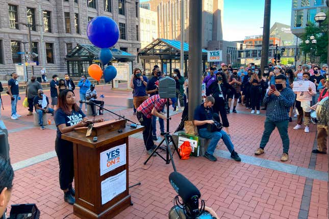 Aurin Chowdhury of the Minnesota Youth Collective addresses a crowd of supporters of the public safety ballot initiative at a rally organized by the Yes 4 Minneapolis campaign on Friday, Sept. 17, 2021. The proposal aims to replace the city’s police department with a new Department of Public Safety. 