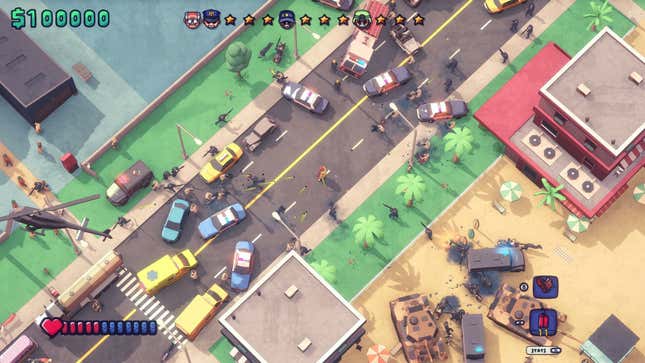 A screenshot shows a player dressed as hotdog surrounded by cops in Maniac. 