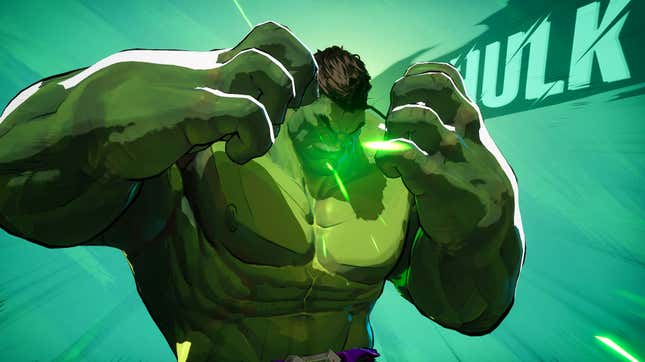 A screenshot of the character selection screen shows Hulk making an aggressive gesture.