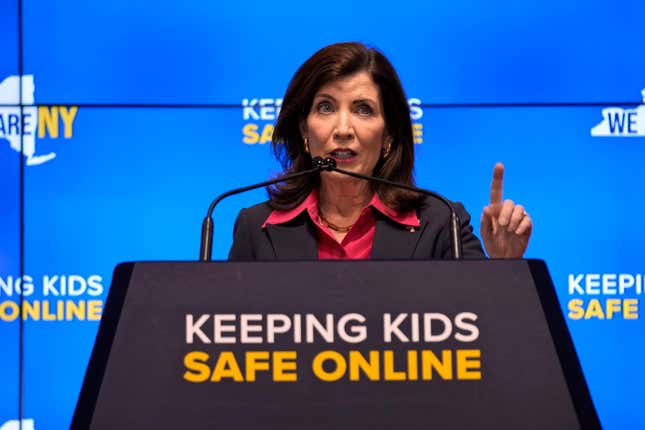 New York Gov. Kathy Hochul speaks during a news conference in New York, Wednesday, Oct. 11, 2023. New York is bidding to put new controls on social media platforms that state leaders say will protect the mental health of younger users. (AP Photo/Seth Wenig)