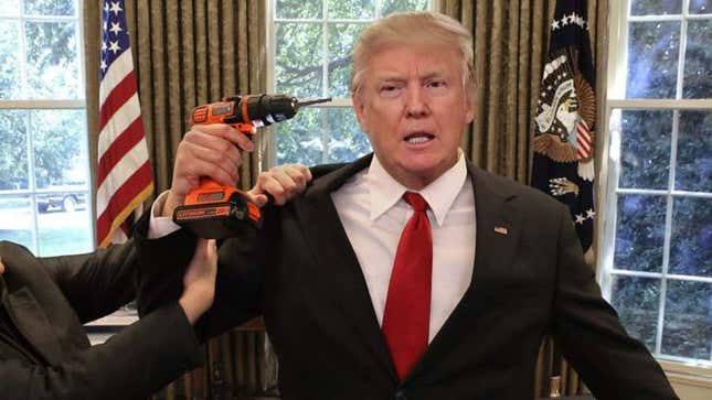 Image for article titled Aides Wrestle Drill From Trump’s Hands As He Tries To Remove Obama Listening Device From Skull