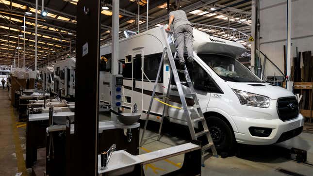 Motorhomes on an assembly line at a factory 