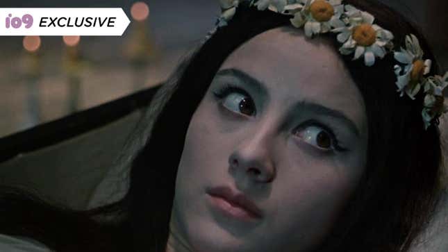 A woman with a daisy crown looks offscreen with fear in 1967's Viy.