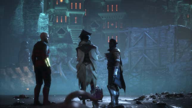 Rook, Neve, and Davrin stand in the middle of a battlefield.