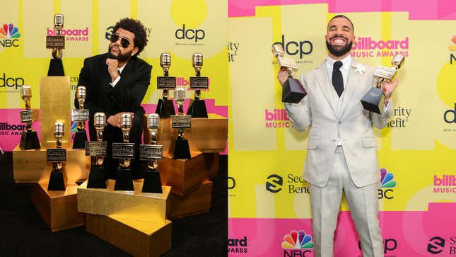 The Weeknd and Drake pose backstage for the 2021 Billboard Music Awards, broadcast on May 23, 2021. 