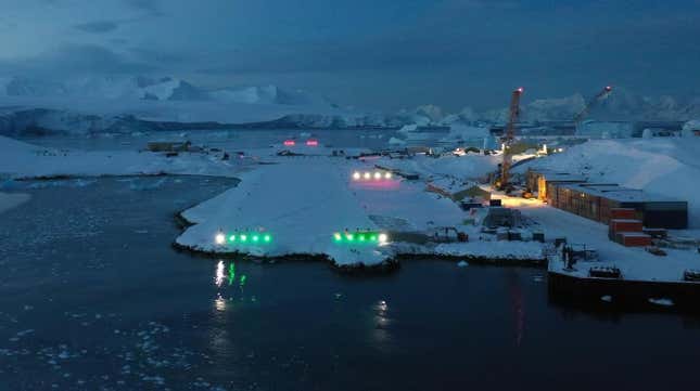 An approach photo of the Rothera runway in low-light conditions.