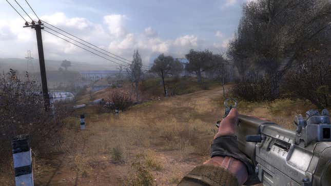 A screenshot shows a player holding a rifle in Stalker. 